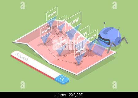 Illustration conceptuelle plate isométrique 3D de Engine Crawling Bot, algorithmes SEO 3D illustration conceptuelle plate isométrique de Banque D'Images