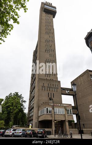 Londres, Royaume-Uni. 31 mai 2024. La tour Trellick à North Kensington, conçue par l'architecte Erno Goldfinger dans le style brutaliste, est vue d'en bas. Classée grade II*, la tour Trellick a été commandée par le Greater London Council et a ouvert ses portes en 1972. Crédit : Mark Kerrison/Alamy Live News Banque D'Images