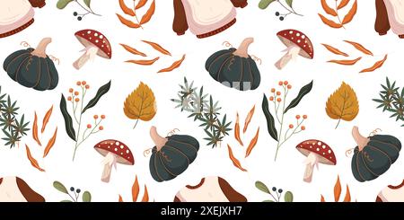 Les éléments fantaisistes de modèle sans couture d'automne tels que les champignons rouges et blancs volent agarique, les citrouilles vert foncé, les feuilles d'automne et diverses baies et feuillages. La palette de couleurs chaleureuses et terreuses. Illustration de Vecteur