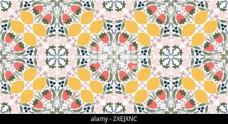Modèle fantaisiste sans couture avec des illustrations de framboises, citrons, fraises blanches, mûres, fleurs roses, et des feuilles vertes, disposées en forme de losange. Style vectoriel moderne et organique avec des couleurs plates. Illustration de Vecteur