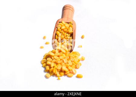 Toor dal ou lentilles jaunes fendues dans une cuillère en bois isolé. Pois chiches fendus dans un sac également connu sous le nom de Chana Dal, Chana Split Peas jaune, pois chiches séchés Banque D'Images