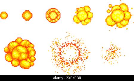 Jeu d'icônes d'explosion Pixel art. Effets de flamme de boom comique. images d'animation vectorielles 8 bits Illustration de Vecteur