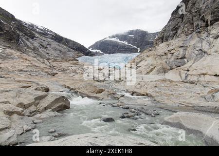 La vallée jusqu'au glacier Nigardsbreen dans le parc naturel Jostedal en Norvège Banque D'Images