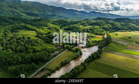 Drone's Eye vue sur les collines verdoyantes et les vignobles en Slovénie Banque D'Images