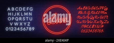 Live script Neon Sign sur fond de mur de briques. Script rouge clair et alphabet blanc. Illustration de Vecteur