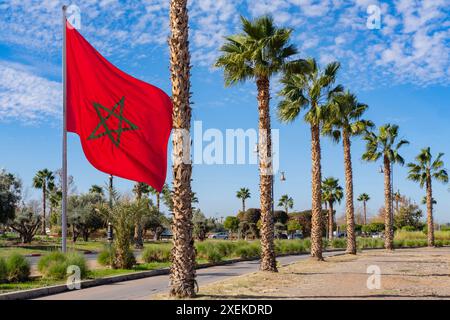 Drapeau national marocain rouge flattes tissu de soie contre le ciel, étoile à cinq branches, bâtiment du gouvernement, jour de l'indépendance, commerce mondial, affaires et cou Banque D'Images