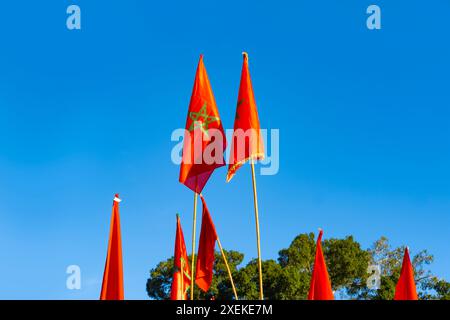 Drapeau national marocain rouge flattes tissu de soie contre le ciel, étoile à cinq branches, bâtiment du gouvernement, jour de l'indépendance, commerce mondial, affaires et cou Banque D'Images