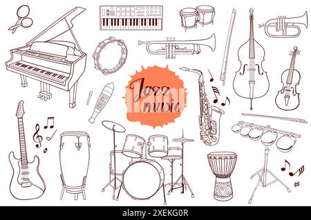 Ensemble d'instruments de jazz dessinés à la main sur un fond blanc. Banque D'Images