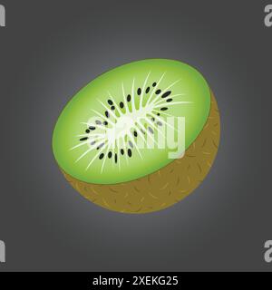 Kiwi moitié vert avec des graines noires et une peau brune. Un fruit vecteur, isolé sur le fond sombre Illustration de Vecteur