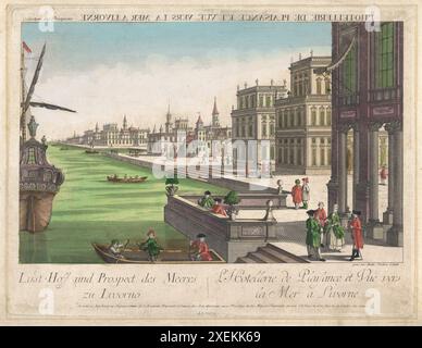 Une gravure en couleur imprimée de vue générale Lust hoff und perspective des Meeres zu Livorno (désir d'espoir et perspective de la mer à Livourne) publiée par kaiserlich franziskische Akademie horizon du XVIIIe siècle et perspective historique de paysage urbain gravure aquarelle Banque D'Images