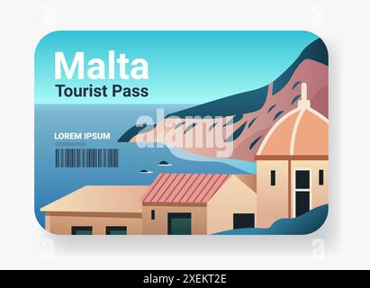 Malte Tourist Pass design avec paysage côtier avec des falaises de mer de bâtiments et dôme Illustration de Vecteur