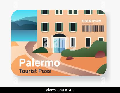 Conception de carte de pass touristique avec un sentier de construction côtière et paysage dans un style plat Illustration de Vecteur