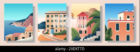 Paysage urbain côtier méditerranéen avec des bâtiments colorés vue sur la mer palmiers et montagnes dans un style plat moderne Illustration de Vecteur