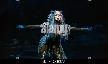 Nicole Scherzinger (Grizabella) dans CATS at the London palladium, London W1 11/12/2014 basé sur le compositeur de T. S. Eliot 'Old Possum's Book of Practical Cats' : Andrew Lloyd Webber design : John Napier directeur associé et chorégraphe : Gillian Lynne directeur Trevor Nunn Banque D'Images