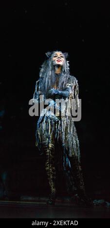 Nicole Scherzinger (Grizabella) dans CATS at the London palladium, London W1 11/12/2014 basé sur le compositeur de T. S. Eliot 'Old Possum's Book of Practical Cats' : Andrew Lloyd Webber design : John Napier directeur associé et chorégraphe : Gillian Lynne directeur Trevor Nunn Banque D'Images