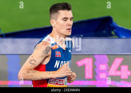 ROME, ITALIE - 12 JUIN : le norvégien Jakob Ingebrigtsen en compétition sur le 1500 m hommes lors de la sixième journée des Championnats d'Europe d'athlétisme - Rome 2024 au Stadio Olimpico le 12 juin 2024 à Rome, Italie. (Photo de Joris Verwijst/BSR Agency) Banque D'Images