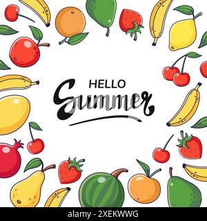 Cadre rond décoratif d'été avec fruits et lettrage HELLO SUMMER. Cadre carré de récolte de fruits d'été. Modèle de carte postale heure d'été. Illustration de dessin animé, cadre de décor. Copier l'espace Illustration de Vecteur