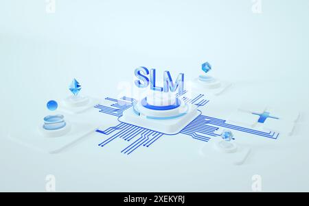 Centre de données informatique ai, concept hello chatbot ai. SLM, petit modèle de langage avec concept de chatbot. Rendu 3D. Banque D'Images
