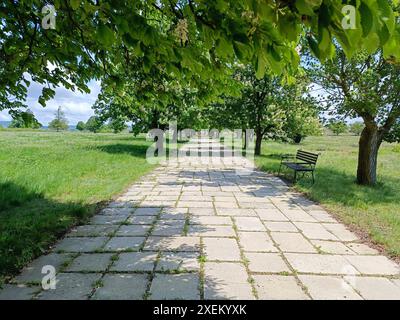 Forteresse de Pliska près de la ville de Shumen en Bulgarie. Ancienne ville avec rues et maisons. Banque D'Images