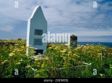 La pierre tombale blanchie à la chaux de la famille Henderson dans l'ancien cimetière de l'église Trumpan au nord de Ardmore Bay, Waternish, île de Skye, Écosse, Royaume-Uni. Banque D'Images