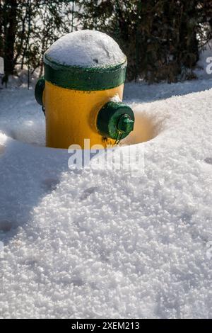 Hydrant de feu jaune partiellement enterré dans la neige en hiver Banque D'Images