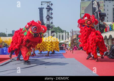 Ho Chi Minh-ville, Vietnam - 3 février 2024 : acrobates pratiquant une danse dragon avant le nouvel an lunaire, Saigon Banque D'Images