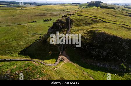 Vue aérienne de Sycamore gap prise après que l'arbre a été abattu dans un acte de vandalisme en 2023. Hadrien walll, Northumberland, Angleterre Banque D'Images