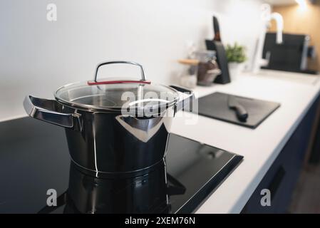 Casserole dans la cuisine sur la table de cuisson à induction. Cuisine intérieur de maison Banque D'Images