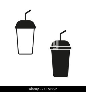 Icônes de gobelet. Boisson avec paille. Vecteur noir et blanc. Silhouette simple. Illustration de Vecteur