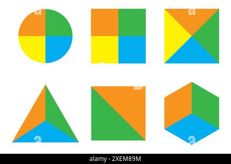 Icônes de forme géométrique. Formes divisées colorées. Cercle, carré, triangle. Jeu d'illustrations vectorielles. Illustration de Vecteur