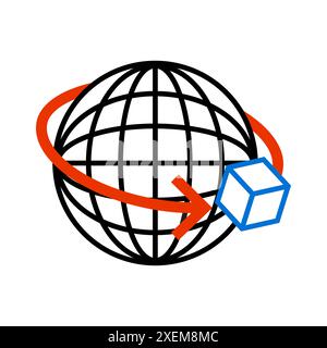 Icône d'expédition internationale. Flèche rouge avec boîte. Grille de globe noir. Motif cube bleu. Illustration de Vecteur