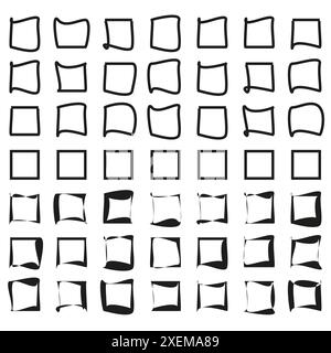 Icônes carrées dessinées à la main. Formes géométriques abstraites. Vecteur noir et blanc. Ensemble de cadres créatifs. Illustration de Vecteur