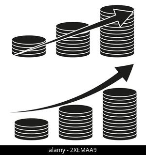 Icônes de croissance financière. Pièces empilées avec des flèches. Symboles du progrès économique. Illustration vectorielle. Illustration de Vecteur