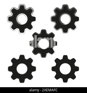 Icônes de roue dentée. Symboles d'engrenage noirs. Illustration vectorielle industrielle. Jeu de pièces mécaniques. Illustration de Vecteur