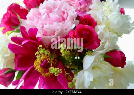 Roses avec pivoines blanches et roses en bouquet d'été. Banque D'Images