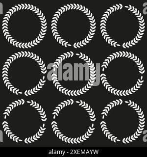 Icônes de couronne Laurel. Motifs de feuilles circulaires. Blanc sur fond noir. Ensemble vectoriel décoratif. Illustration de Vecteur