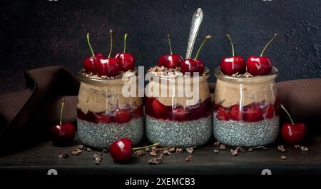 Puddings de chia de forêt noire dans une rangée, sur un fond sombre. Banque D'Images