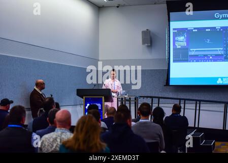 Melbourne, Australie. 27 juin 2024. Alexandra Ash, présidente de la Royal Life Saving Society et PDG par intérim du y Australia, prend la parole lors de la National Sports & Physical Activity Convention (NSC) | IAKS 2024 au Melbourne Convention and Exhibition Centre. L’événement rassemble l’ensemble de l’écosystème sportif sous un même toit, comme les loisirs, la finance et la technologie, la collaboration, le partage des connaissances et l’établissement de liens commerciaux précieux. (Photo de Alexander Bogatyrev/SOPA images/SIPA USA) crédit : SIPA USA/Alamy Live News Banque D'Images