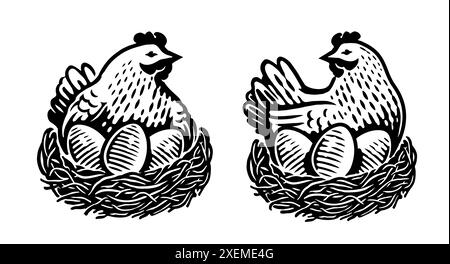 Volaille domestique d'élevage. Poule pondant des oeufs dans le nid. Symbole ou emblème de poulet, illustration vectorielle noire et blanche Illustration de Vecteur