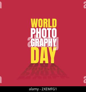 Journée mondiale de la photographie conception de modèle de typographie moderne. Lettrage gras pour poster de jour de photographie, bannière, logo. Fond rouge avec ombre. Illustration de Vecteur