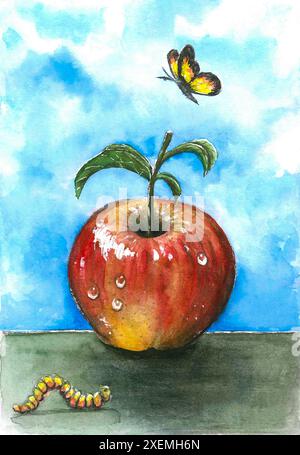 Pomme, chenille et papillon. Peinture à l'aquarelle. Banque D'Images