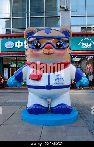 Harbin, Chine - 17 juin 2024 : symbole des Jeux des sports d'hiver de 2025, Bingbing et Nini sont une paire de mignons tigres de Sibérie en plein air. Photo de haute qualité Banque D'Images