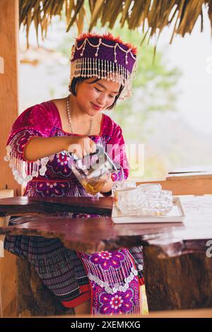 Femme en vêtements traditionnels vietnamiens verse du thé ; Ban Nam Nghiep, Muong la, son la, Vietnam Banque D'Images