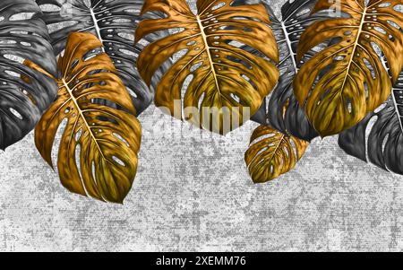 fond d'écran classique 3d. branches dorées arbre dorées et feuilles noires dans le dessin de fond mural pour le décor de la chambre. illustration 3d, abstrait, art, dos Banque D'Images