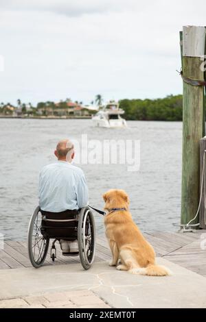 Homme en fauteuil roulant avec son chien d'assistance assis sur une promenade au bord de l'eau profitant d'une vue sur le front de mer Banque D'Images