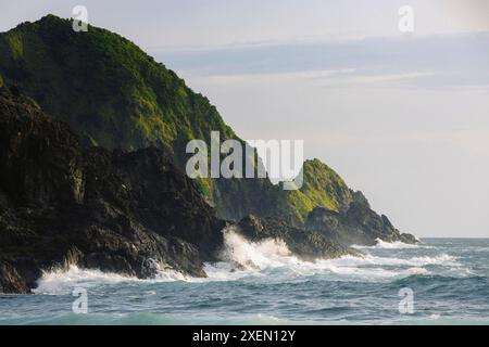 Reliefs accidentés recouverts de végétation verte et de vagues écrasantes le long d'une île indonésienne à Telawas Beach Banque D'Images