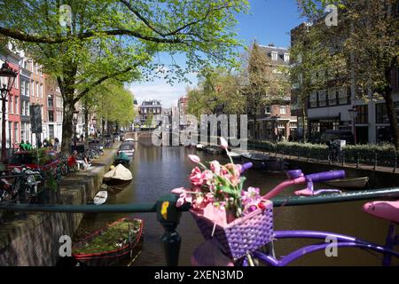 Vélo rose avec des fleurs sur un pont près d'un canal à Amsterdam Banque D'Images