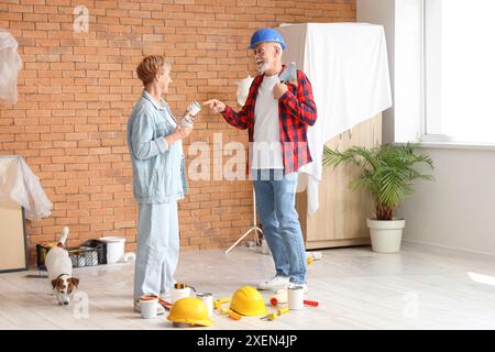 Couple mature avec des outils de peinture et chien pendant la réparation dans la chambre Banque D'Images