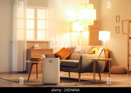 Canapé et humidificateur près de la table basse dans le salon le soir Banque D'Images