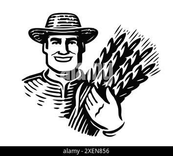 Heureux fermier tenant une gerbe de blé. Emblème ou logo d'aliments biologiques de la ferme. Illustration vectorielle de l'agriculture Illustration de Vecteur